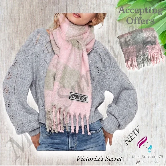 Victoria’s Secret NEW - soft fuzzy warm fringe scarf grey pink - Picture 1 of 3